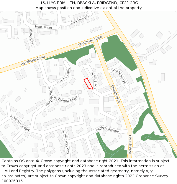 16, LLYS BRIALLEN, BRACKLA, BRIDGEND, CF31 2BG: Location map and indicative extent of plot