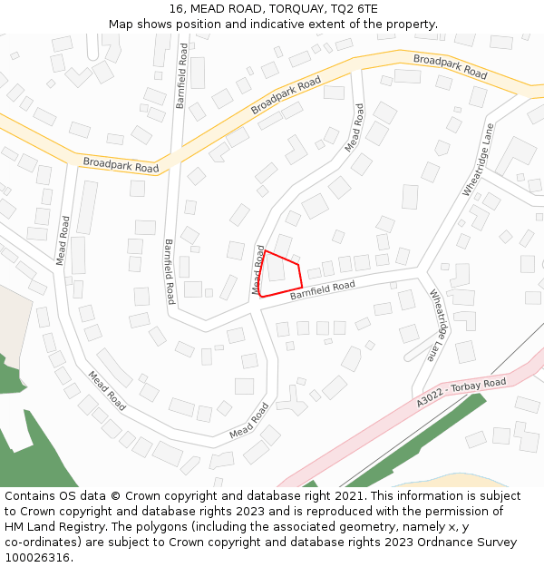 16, MEAD ROAD, TORQUAY, TQ2 6TE: Location map and indicative extent of plot