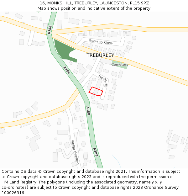 16, MONKS HILL, TREBURLEY, LAUNCESTON, PL15 9PZ: Location map and indicative extent of plot