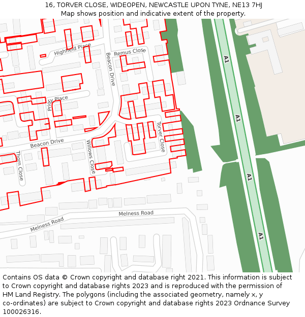 16, TORVER CLOSE, WIDEOPEN, NEWCASTLE UPON TYNE, NE13 7HJ: Location map and indicative extent of plot