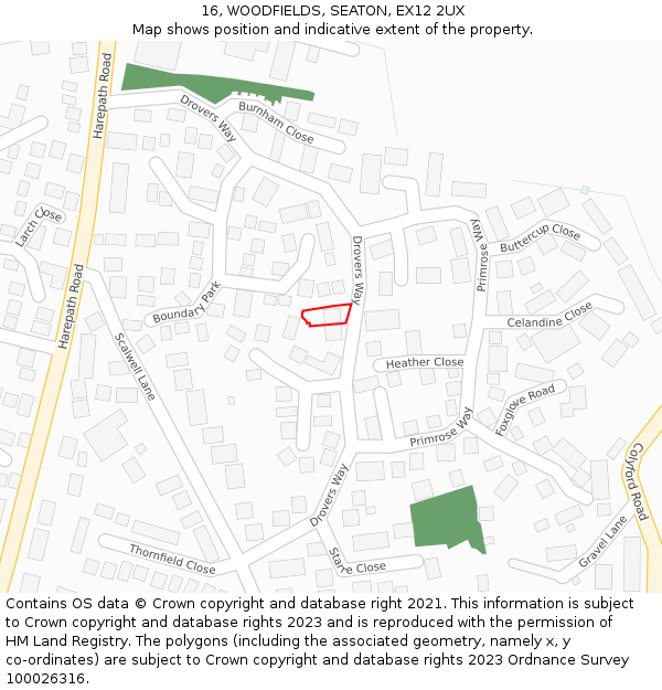 16, WOODFIELDS, SEATON, EX12 2UX: Location map and indicative extent of plot