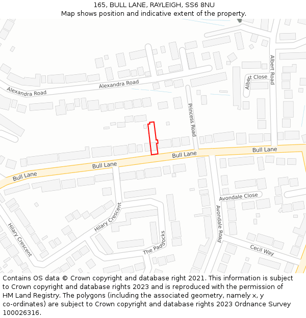 165, BULL LANE, RAYLEIGH, SS6 8NU: Location map and indicative extent of plot