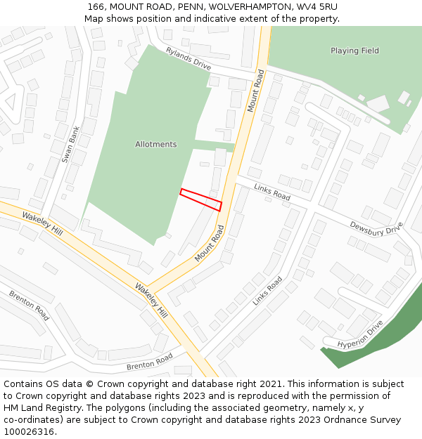 166, MOUNT ROAD, PENN, WOLVERHAMPTON, WV4 5RU: Location map and indicative extent of plot