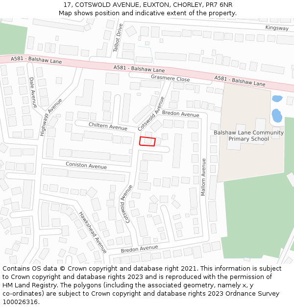 17, COTSWOLD AVENUE, EUXTON, CHORLEY, PR7 6NR: Location map and indicative extent of plot