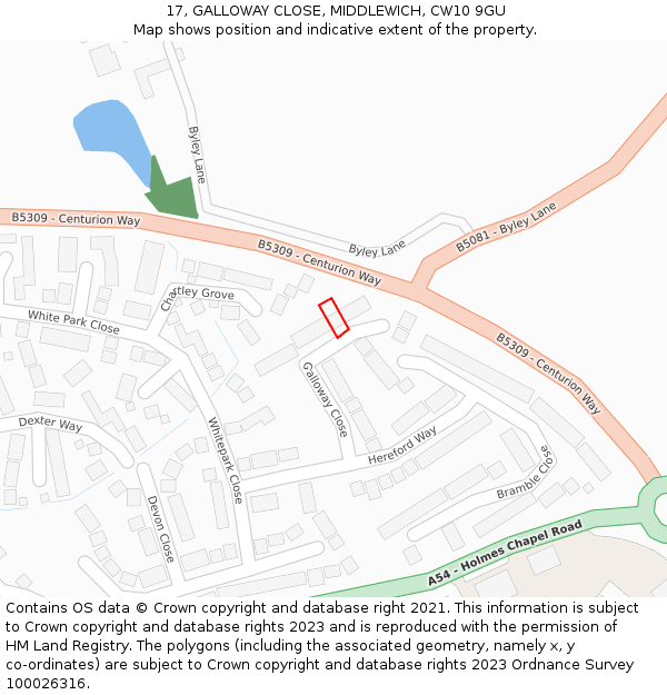 17, GALLOWAY CLOSE, MIDDLEWICH, CW10 9GU: Location map and indicative extent of plot