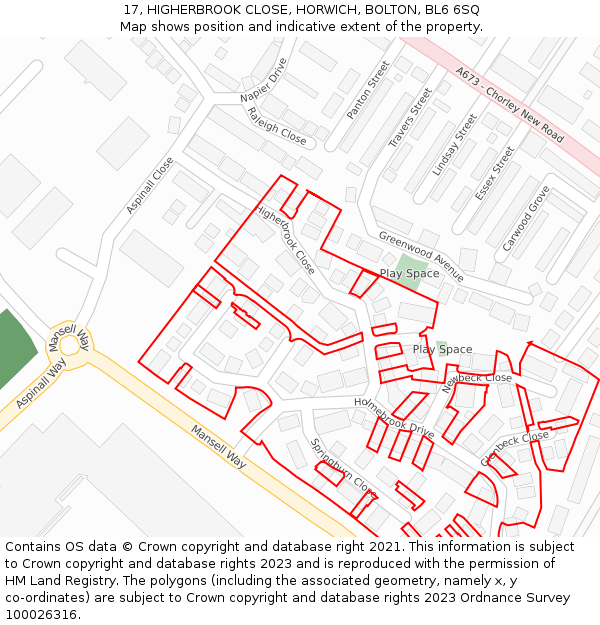 17, HIGHERBROOK CLOSE, HORWICH, BOLTON, BL6 6SQ: Location map and indicative extent of plot