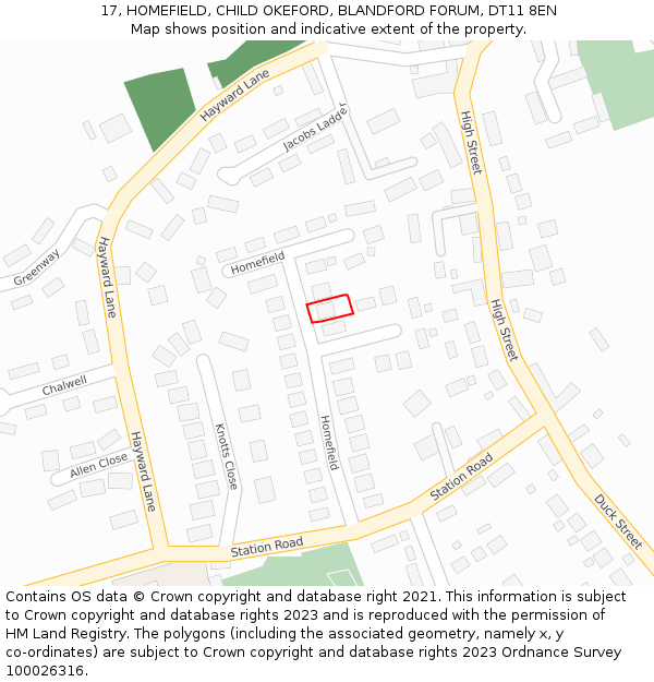 17, HOMEFIELD, CHILD OKEFORD, BLANDFORD FORUM, DT11 8EN: Location map and indicative extent of plot