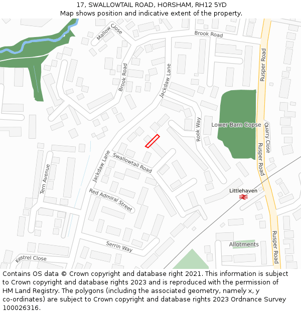 17, SWALLOWTAIL ROAD, HORSHAM, RH12 5YD: Location map and indicative extent of plot