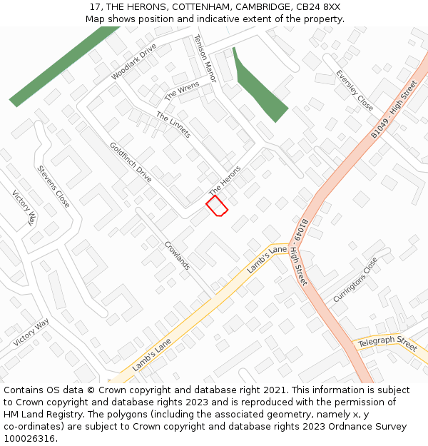 17, THE HERONS, COTTENHAM, CAMBRIDGE, CB24 8XX: Location map and indicative extent of plot