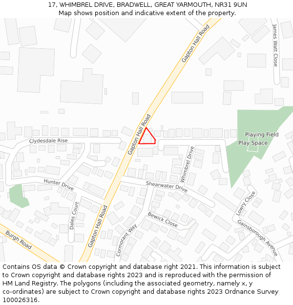 17, WHIMBREL DRIVE, BRADWELL, GREAT YARMOUTH, NR31 9UN: Location map and indicative extent of plot