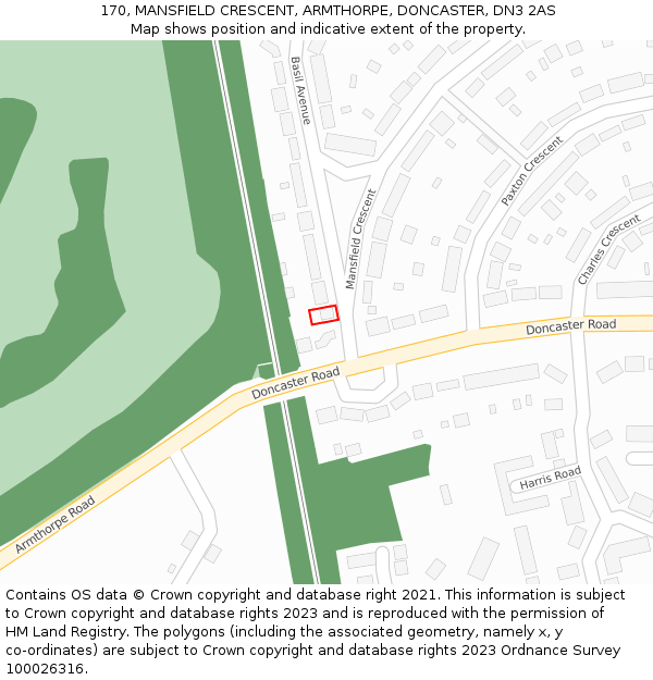 170, MANSFIELD CRESCENT, ARMTHORPE, DONCASTER, DN3 2AS: Location map and indicative extent of plot