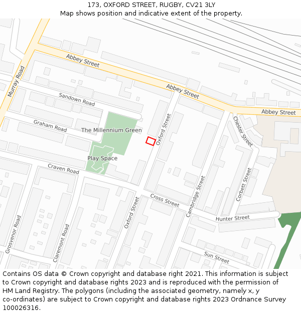 173, OXFORD STREET, RUGBY, CV21 3LY: Location map and indicative extent of plot