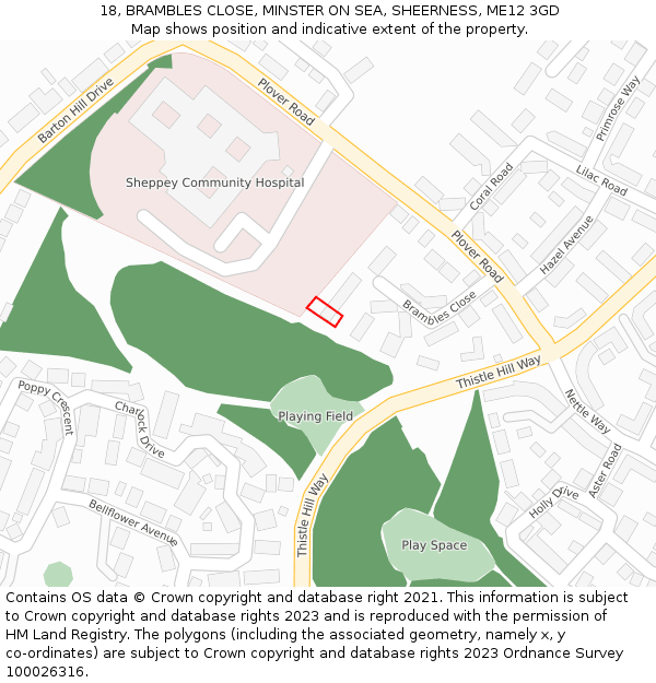 18, BRAMBLES CLOSE, MINSTER ON SEA, SHEERNESS, ME12 3GD: Location map and indicative extent of plot