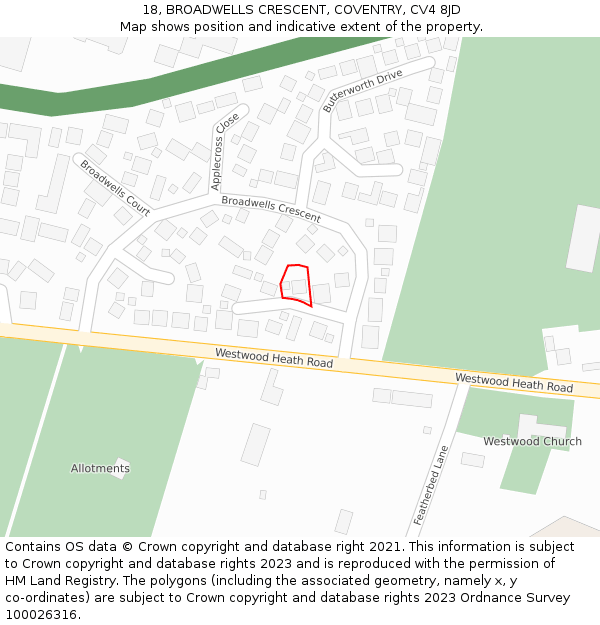 18, BROADWELLS CRESCENT, COVENTRY, CV4 8JD: Location map and indicative extent of plot