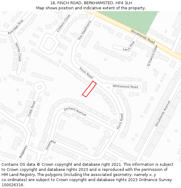 18, FINCH ROAD, BERKHAMSTED, HP4 3LH: Location map and indicative extent of plot