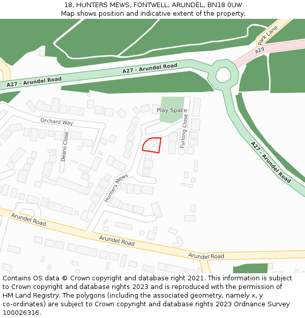 18, HUNTERS MEWS, FONTWELL, ARUNDEL, BN18 0UW: Location map and indicative extent of plot