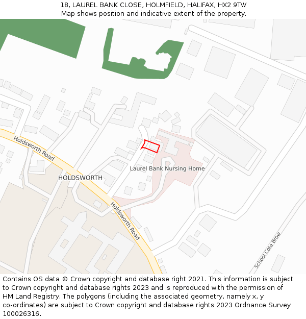 18, LAUREL BANK CLOSE, HOLMFIELD, HALIFAX, HX2 9TW: Location map and indicative extent of plot