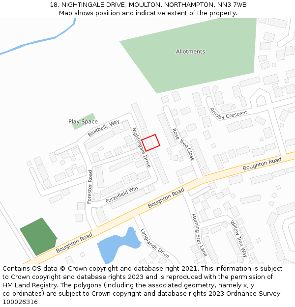 18, NIGHTINGALE DRIVE, MOULTON, NORTHAMPTON, NN3 7WB: Location map and indicative extent of plot