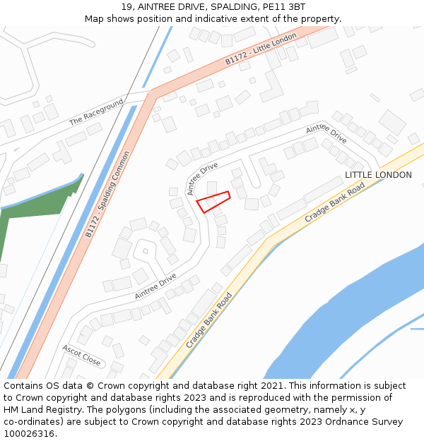 19, AINTREE DRIVE, SPALDING, PE11 3BT: Location map and indicative extent of plot