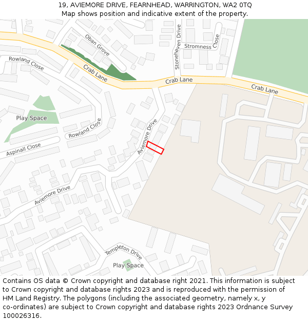 19, AVIEMORE DRIVE, FEARNHEAD, WARRINGTON, WA2 0TQ: Location map and indicative extent of plot