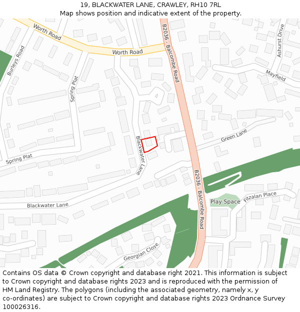 19, BLACKWATER LANE, CRAWLEY, RH10 7RL: Location map and indicative extent of plot