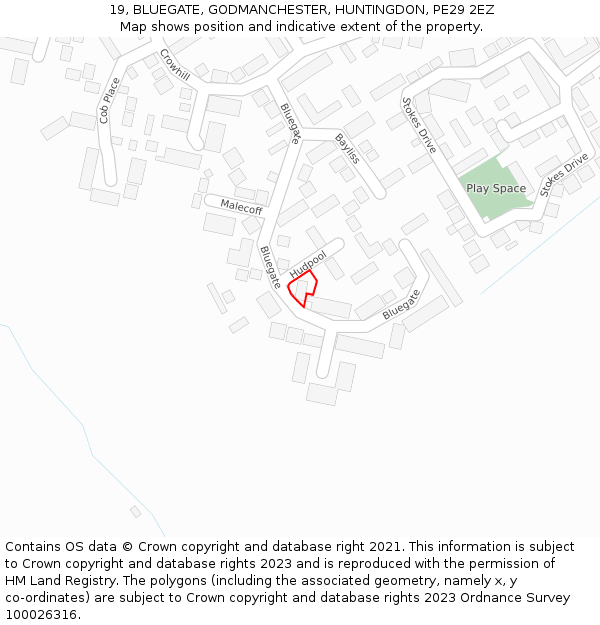 19, BLUEGATE, GODMANCHESTER, HUNTINGDON, PE29 2EZ: Location map and indicative extent of plot