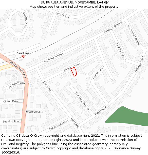 19, FAIRLEA AVENUE, MORECAMBE, LA4 6JY: Location map and indicative extent of plot