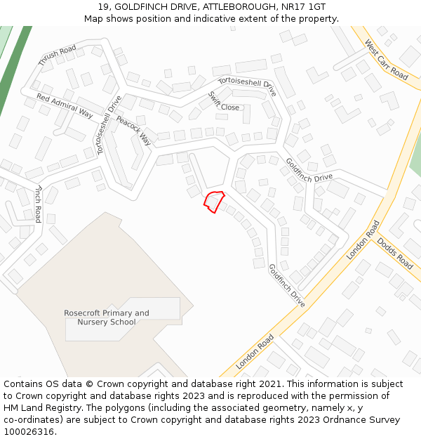 19, GOLDFINCH DRIVE, ATTLEBOROUGH, NR17 1GT: Location map and indicative extent of plot