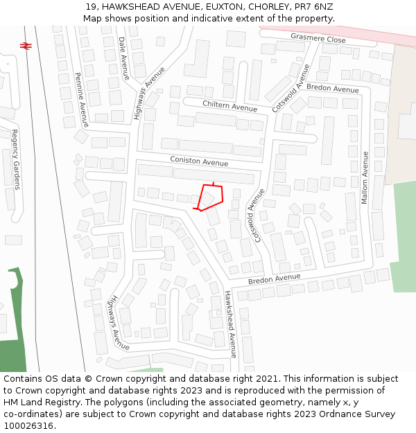 19, HAWKSHEAD AVENUE, EUXTON, CHORLEY, PR7 6NZ: Location map and indicative extent of plot