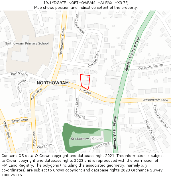 19, LYDGATE, NORTHOWRAM, HALIFAX, HX3 7EJ: Location map and indicative extent of plot