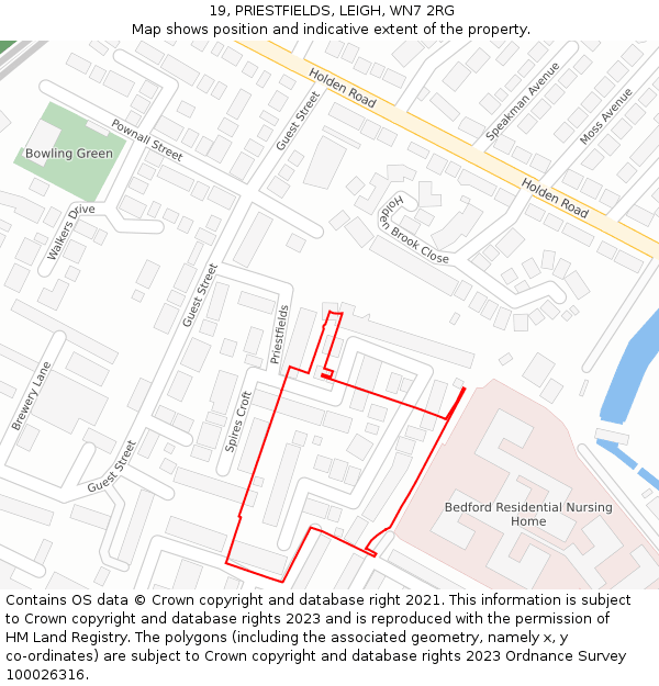 19, PRIESTFIELDS, LEIGH, WN7 2RG: Location map and indicative extent of plot