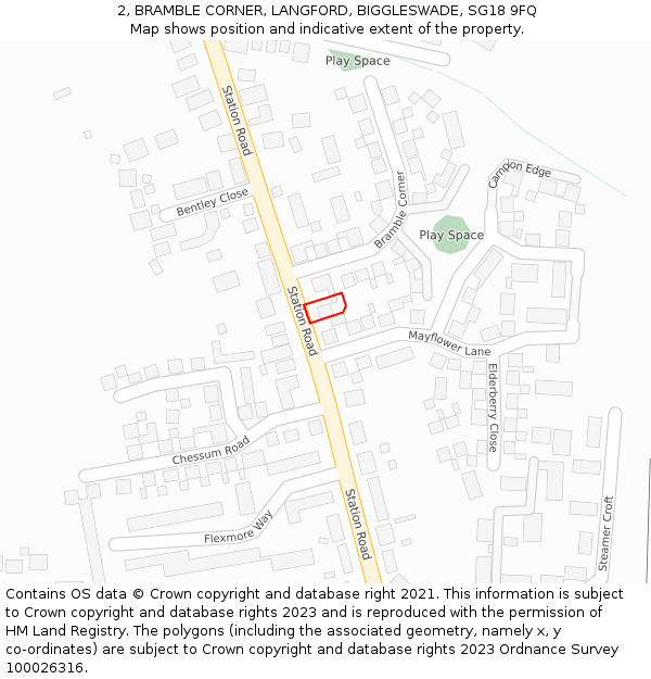 2, BRAMBLE CORNER, LANGFORD, BIGGLESWADE, SG18 9FQ: Location map and indicative extent of plot