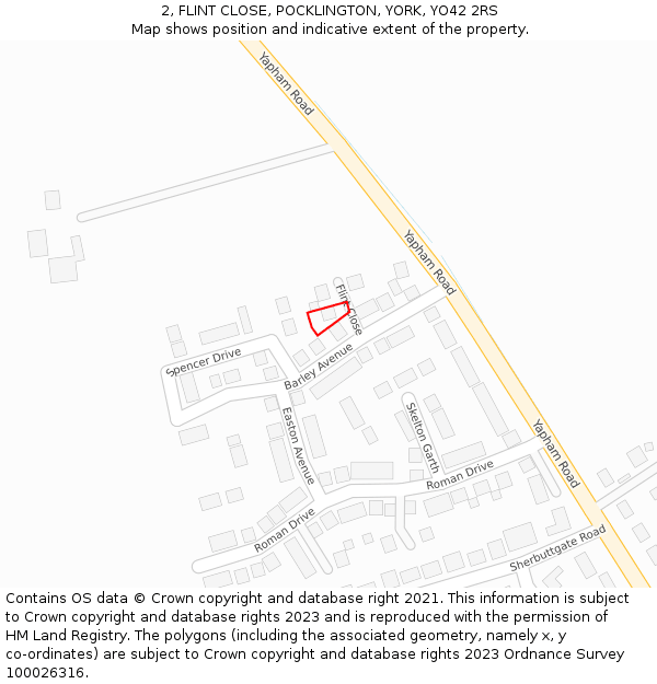 2, FLINT CLOSE, POCKLINGTON, YORK, YO42 2RS: Location map and indicative extent of plot