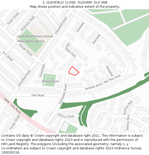 2, GLENFIELD CLOSE, OLDHAM, OL4 3AB: Location map and indicative extent of plot