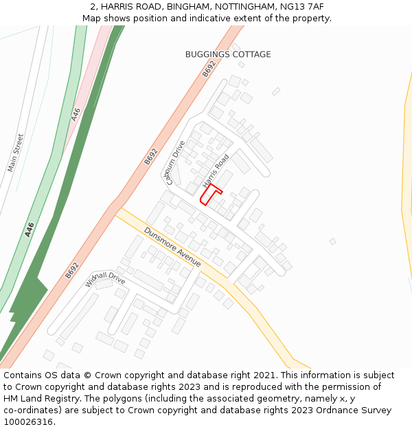 2, HARRIS ROAD, BINGHAM, NOTTINGHAM, NG13 7AF: Location map and indicative extent of plot