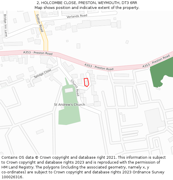 2, HOLCOMBE CLOSE, PRESTON, WEYMOUTH, DT3 6RR: Location map and indicative extent of plot