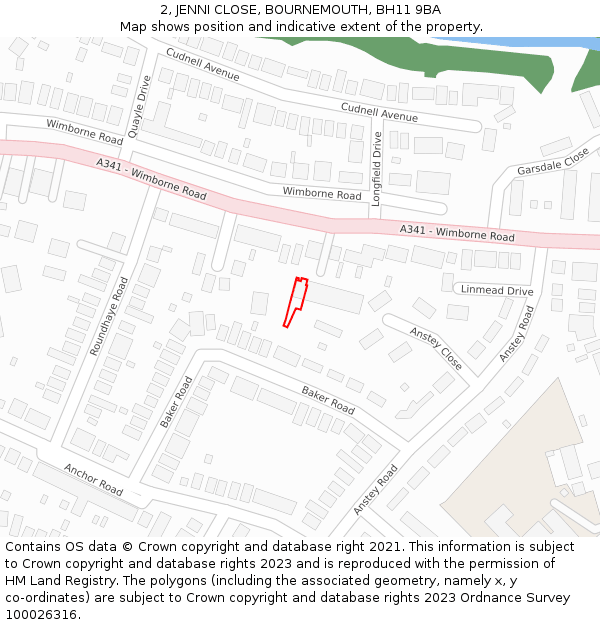 2, JENNI CLOSE, BOURNEMOUTH, BH11 9BA: Location map and indicative extent of plot