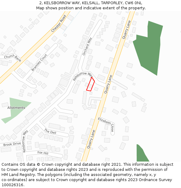 2, KELSBORROW WAY, KELSALL, TARPORLEY, CW6 0NL: Location map and indicative extent of plot