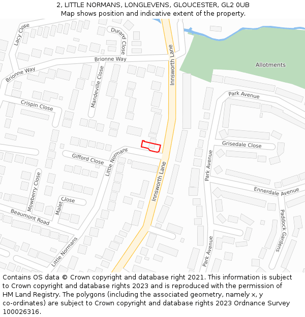 2, LITTLE NORMANS, LONGLEVENS, GLOUCESTER, GL2 0UB: Location map and indicative extent of plot