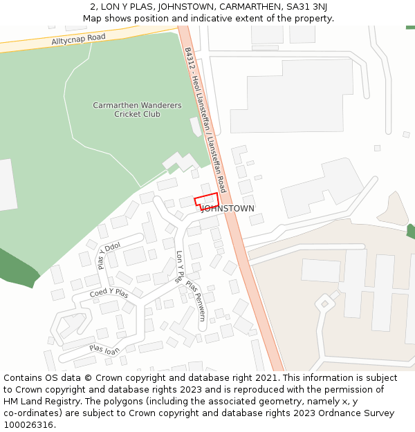 2, LON Y PLAS, JOHNSTOWN, CARMARTHEN, SA31 3NJ: Location map and indicative extent of plot