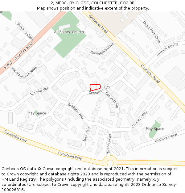 2, MERCURY CLOSE, COLCHESTER, CO2 9RJ: Location map and indicative extent of plot