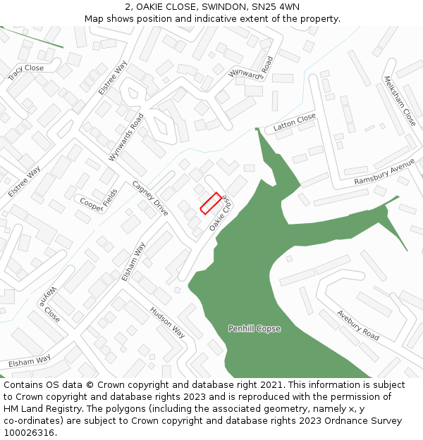 2, OAKIE CLOSE, SWINDON, SN25 4WN: Location map and indicative extent of plot