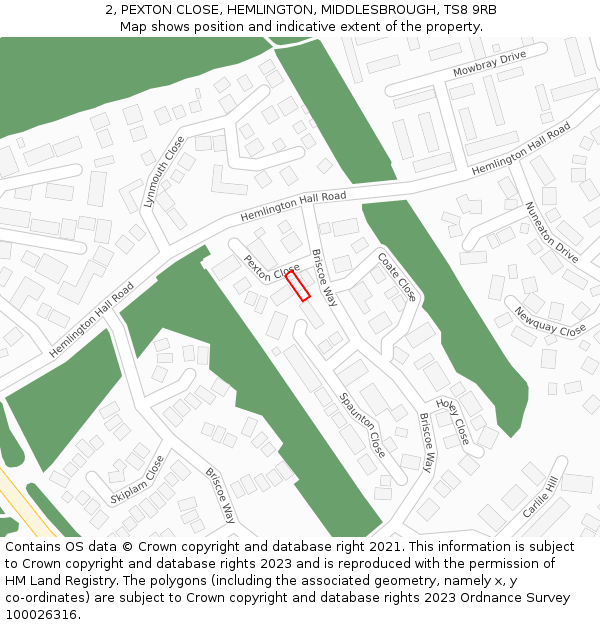 2, PEXTON CLOSE, HEMLINGTON, MIDDLESBROUGH, TS8 9RB: Location map and indicative extent of plot