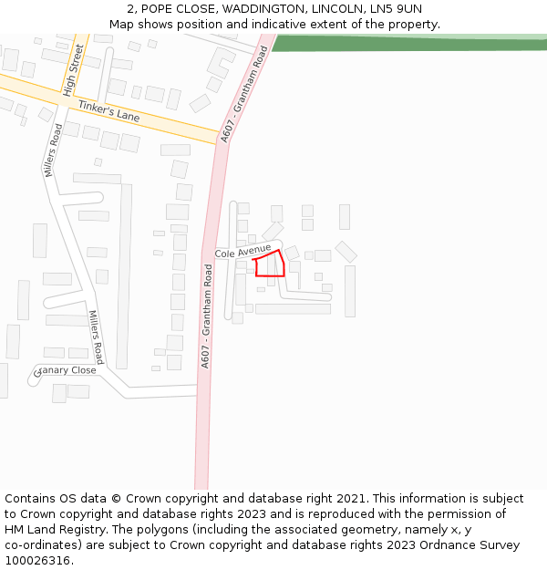 2, POPE CLOSE, WADDINGTON, LINCOLN, LN5 9UN: Location map and indicative extent of plot