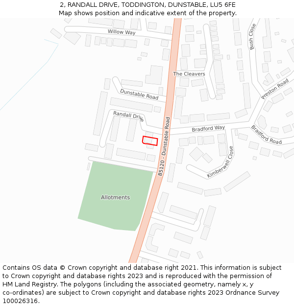 2, RANDALL DRIVE, TODDINGTON, DUNSTABLE, LU5 6FE: Location map and indicative extent of plot