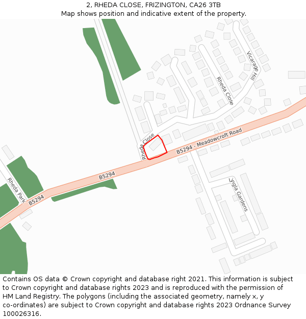 2, RHEDA CLOSE, FRIZINGTON, CA26 3TB: Location map and indicative extent of plot