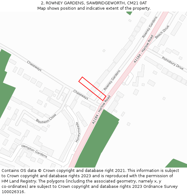 2, ROWNEY GARDENS, SAWBRIDGEWORTH, CM21 0AT: Location map and indicative extent of plot