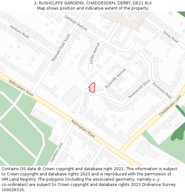 2, RUSHCLIFFE GARDENS, CHADDESDEN, DERBY, DE21 6LX: Location map and indicative extent of plot