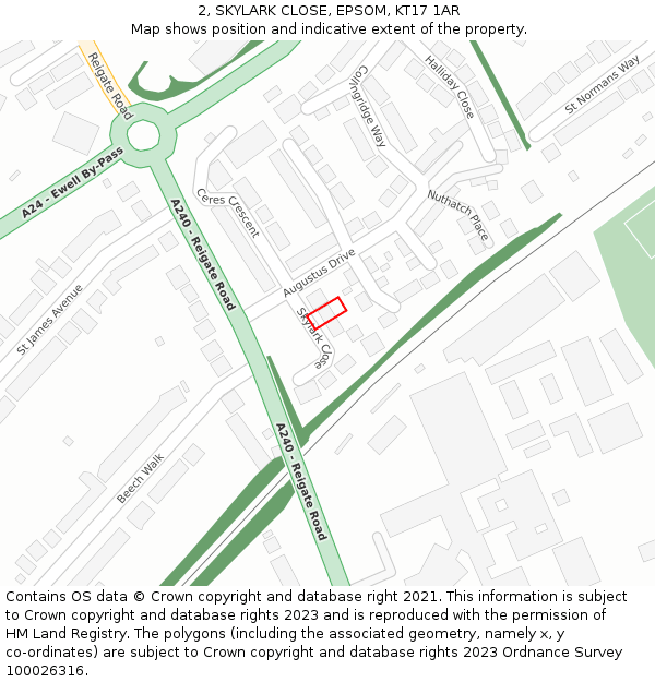 2, SKYLARK CLOSE, EPSOM, KT17 1AR: Location map and indicative extent of plot