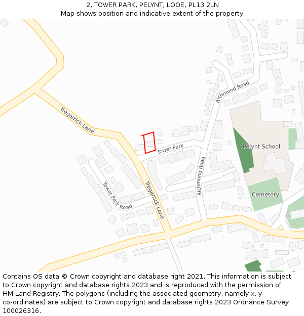 2, TOWER PARK, PELYNT, LOOE, PL13 2LN: Location map and indicative extent of plot